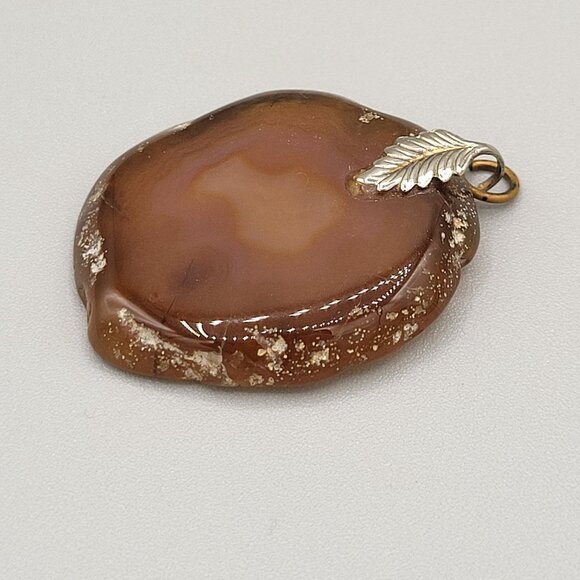 Large Brown Agate Slice Pendant Natural Pattern Silver Tone Necklace Craft - Picture 2 of 7